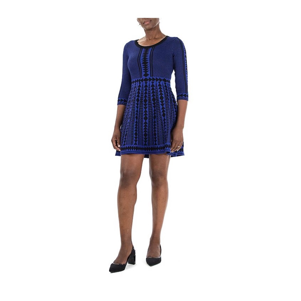 Nina Leonard Women’s Navy and Black Geometric Print Fit & Flare Sweater Dress XL